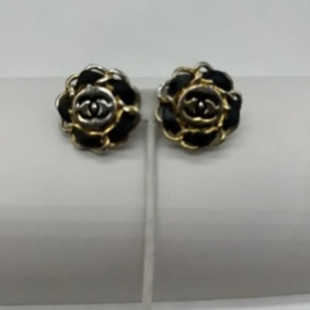 Vintage Authentic Gold Tone Leather Chanel Clip On Earrings